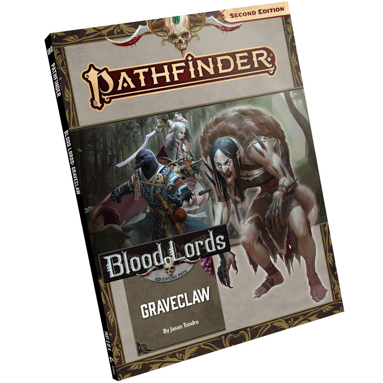 Pathfinder 2E Adventure Path: Graveclaw cover featuring armed heroes, a monstrous creature, and a sinister hag coven.