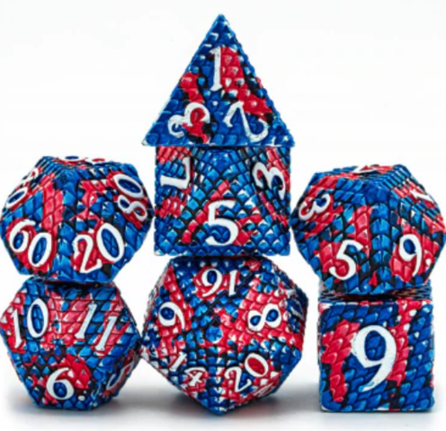 Coral Reef Dragon Scale RPG Metal Dice Set with blue, red, and white dice featuring bold numbers.
