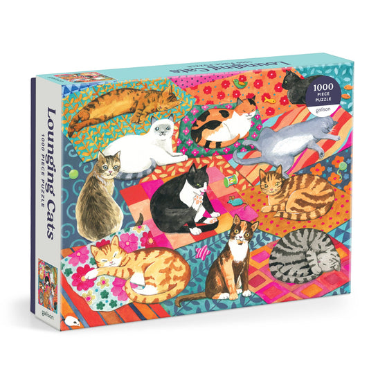 Lounging Cats 1000 Piece Puzzle with illustrated cats on colorful blankets.