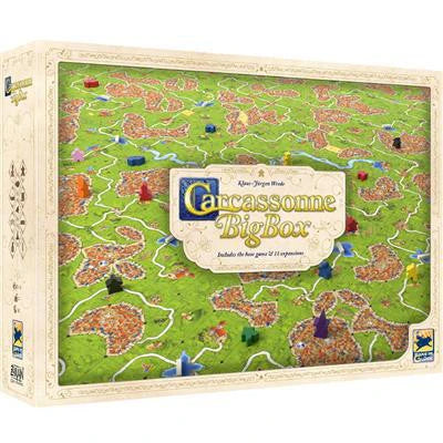 Carcassonne Big Box with map tiles, game pieces, and expansions.