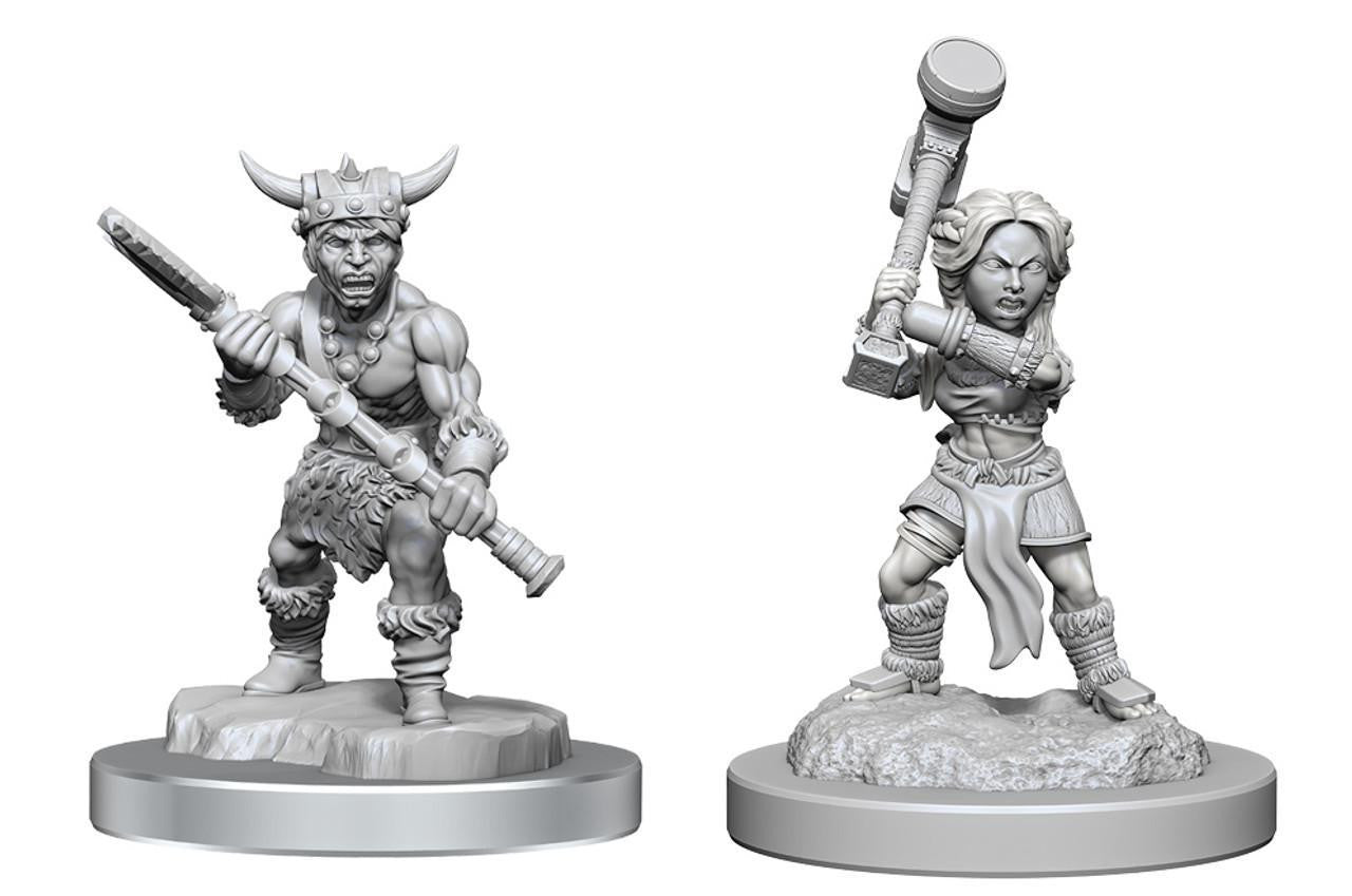 D&D: NMU Halfling Barbarians W18—two miniatures, one horned barbarian with club, one woman with hammer.
