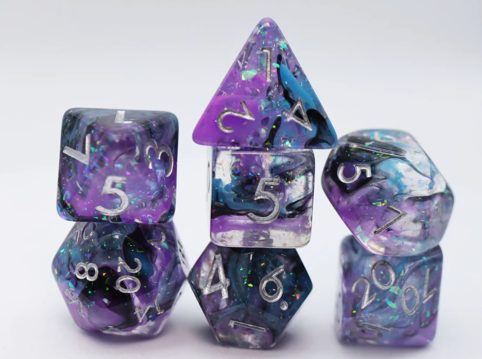 Eventide RPG Dice Set with swirling purple, blue, and black polyhedral resin dice and silver numbers.