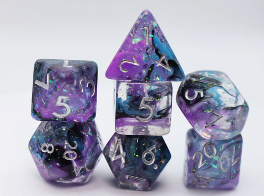 Eventide RPG Dice Set with swirling purple, blue, and black polyhedral resin dice and silver numbers.