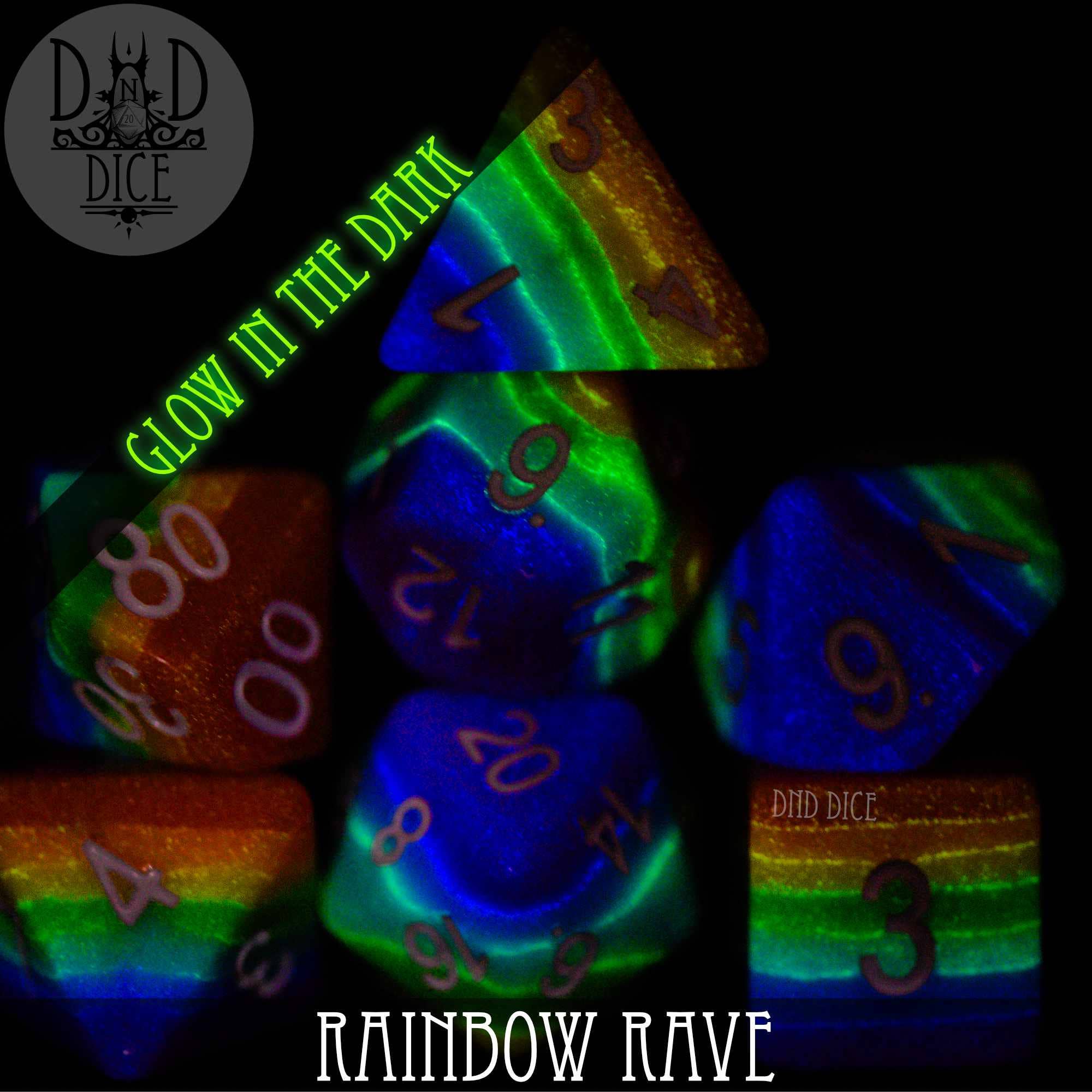 Rainbow Rave (Glow) glow-in-the-dark resin 7-dice set with clear numbers.