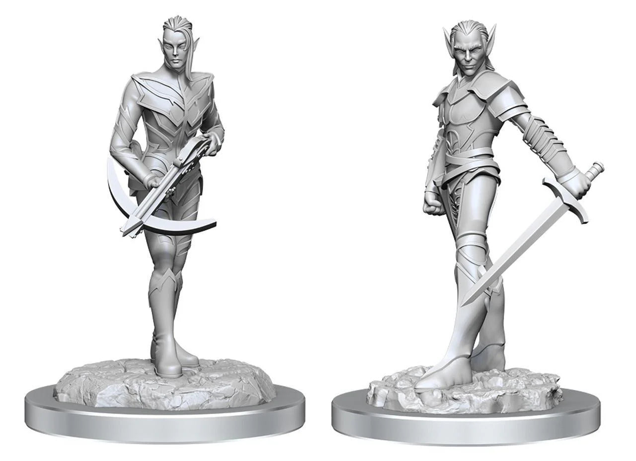 Drow Fighters W18 D&D: NMU miniatures set, one with a crossbow and one with a sword, on textured bases.