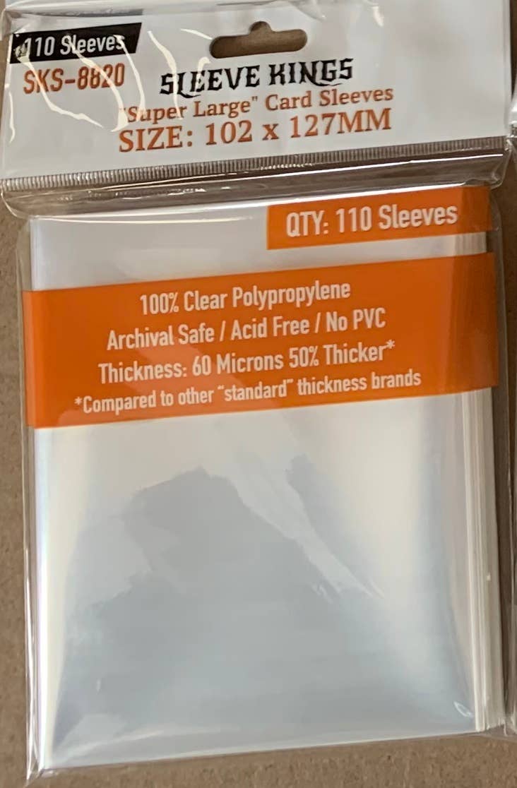 Sleeve Kings Super Large Sleeves, 102x127mm, 60-micron, pack of 110 clear polypropylene card sleeves.