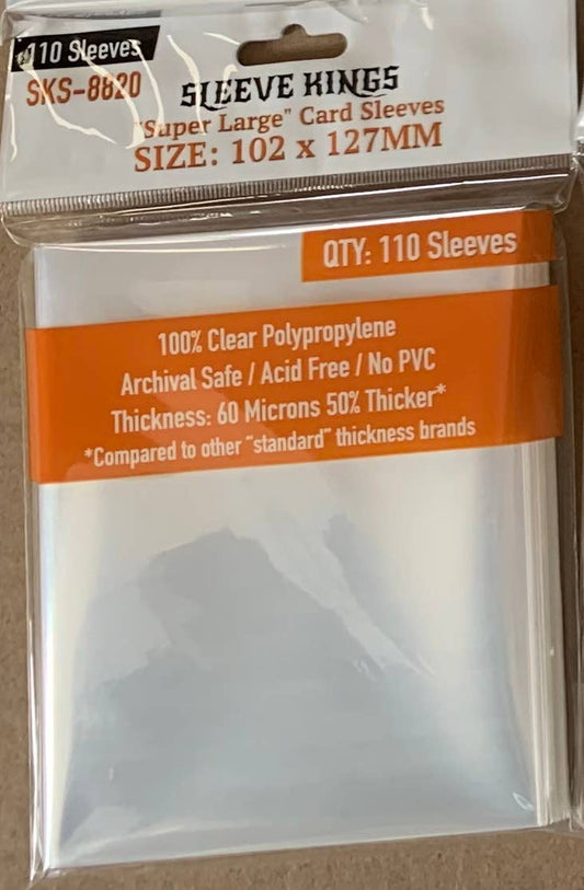 Sleeve Kings Super Large Sleeves, 102x127mm, 60-micron, pack of 110 clear polypropylene card sleeves.