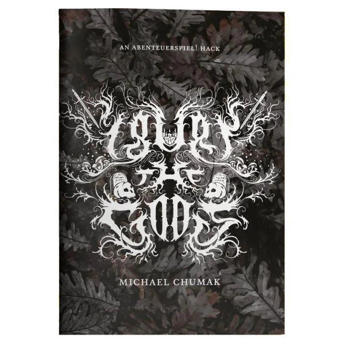 Cover for I Bury the Gods, a dark fantasy tabletop RPG, with white designs and text on a dark background.