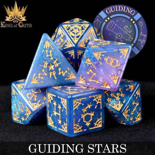 The Guiding Stars 7 Dice Set with blue and gold constellation designs for DND and tabletop games.