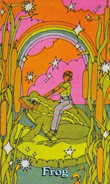 Queer Animal Oracle featuring a person riding a large frog on a lily pad beneath a rainbow.