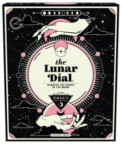 The Lunar Dial board game box featuring hands, moon phases, and celestial patterns in black, pink, and white.