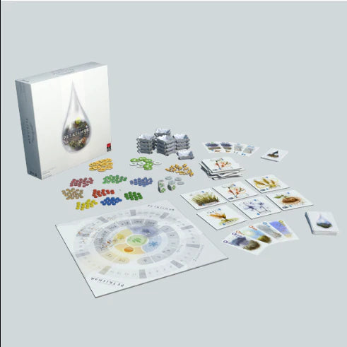 Petrichor board game with cards, tokens, and a water droplet design board on a light background.