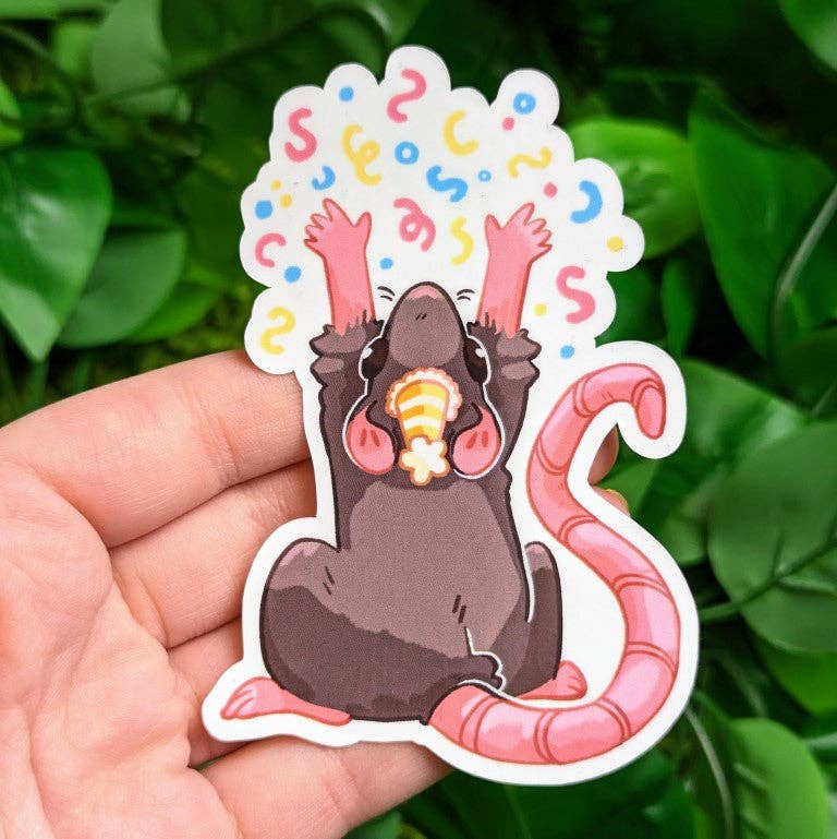 Rat Party Sticker featuring a cartoon rat with a pink tail raising its arms amid confetti on leaves.