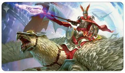 Sidar Jabari of Zhalfir Playmat (MOM) MTG featuring a warrior on a giant bear with spear and dragon.