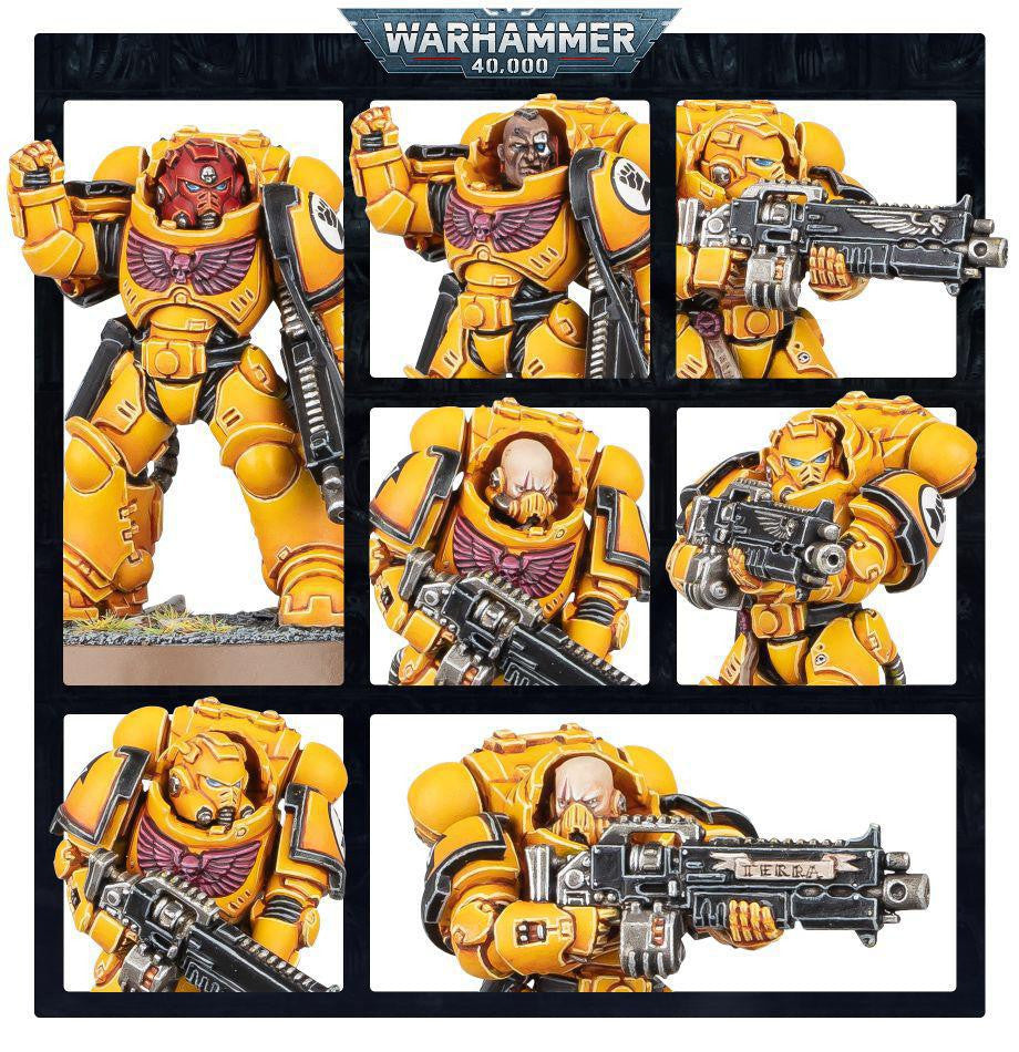 Six Imperial Fists Bastion Strike Force Space Marines in Gravis armour with guns.