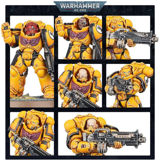 Six Imperial Fists Bastion Strike Force Space Marines in Gravis armour with guns.