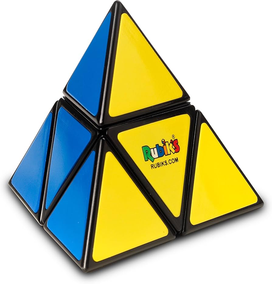 Rubiks Pyramid with blue and yellow tiles on a white base.