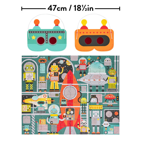 Robot Factory 100-piece decoder puzzle with 2 robot masks, hidden objects, and a size of 47cm.