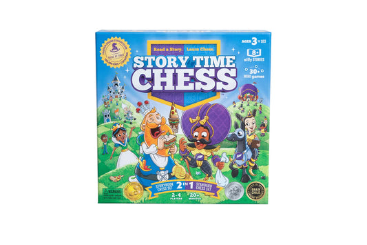 Story Time Chess board game for kids ages 3+ with cartoon characters, castle, and colorful game board.