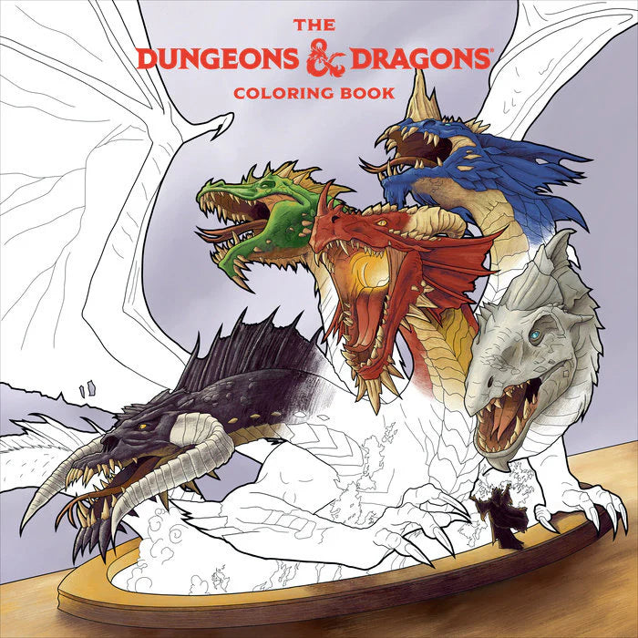 Dungeons & Dragons Coloring Book cover featuring a five-headed, multicolored dragon with partially uncolored sections.