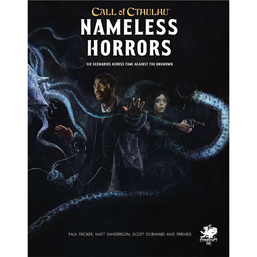 Call of Cthulhu (7E): Nameless Horror cover featuring a man, armed woman, and glowing blue tentacles.