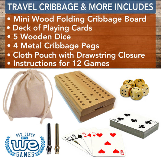 WE Games Cribbage and More Travel Game Pack with folding board, cards, dice, pegs, pouch, and instructions.