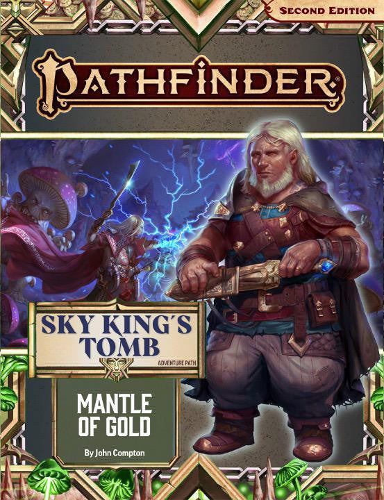 Pathfinder2E: AP: Mantle of Gold cover showing a bearded warrior and mystical figures in the background.