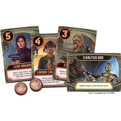 Four Jabbas Palace: A Love Letter Game cards and two tokens on a white surface.