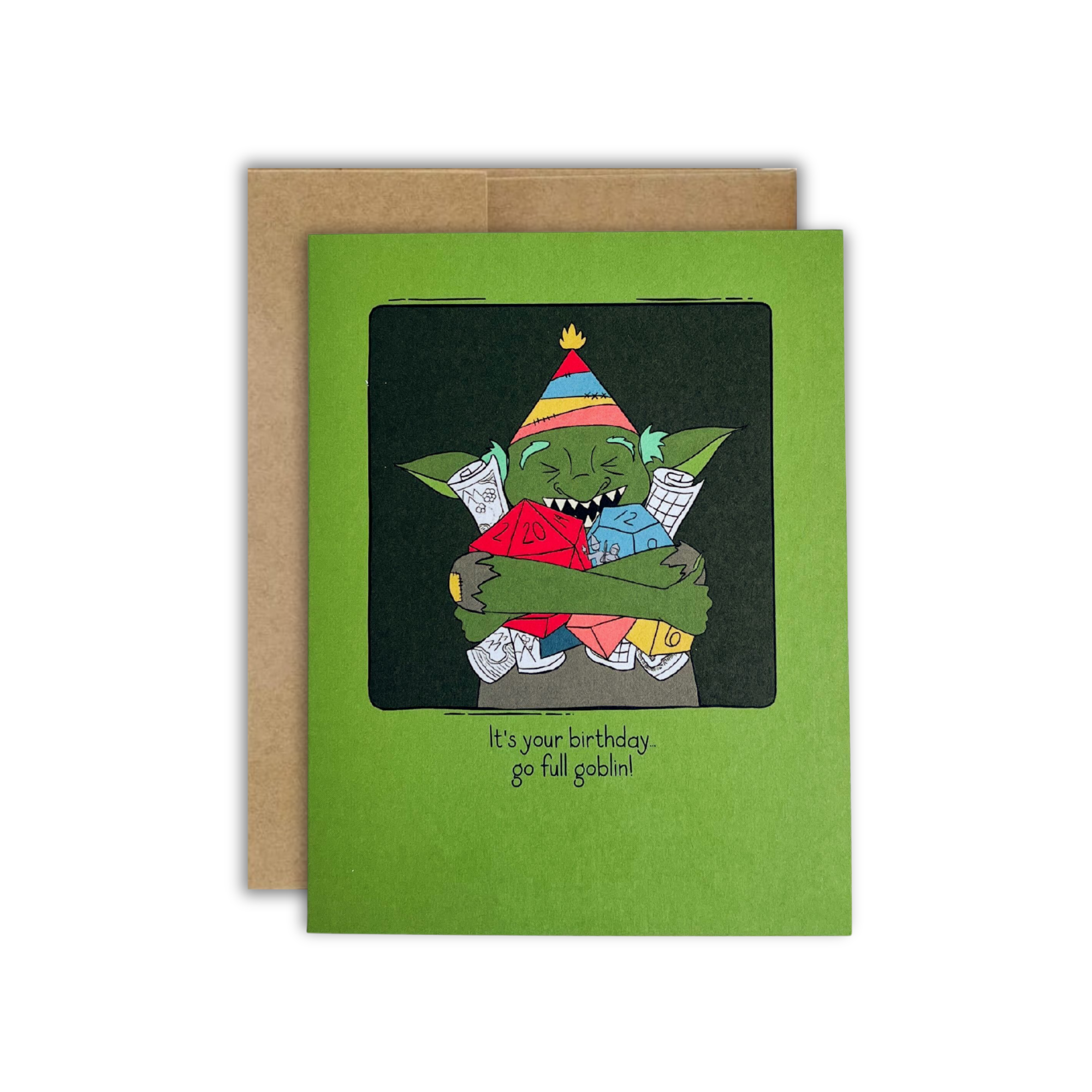 Birthday Goblin TTRPG Birthday Card, green, features a goblin holding dice and snacks.