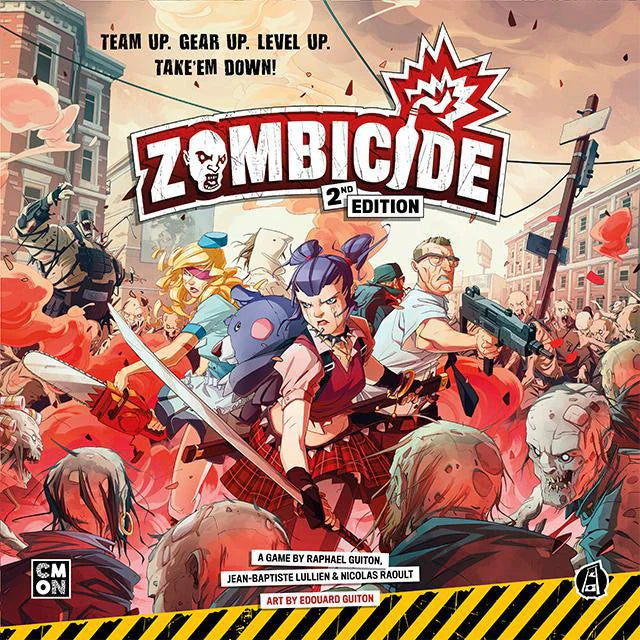 Zombicide 2nd Edition board game featuring comic-style art of survivors fighting zombies.