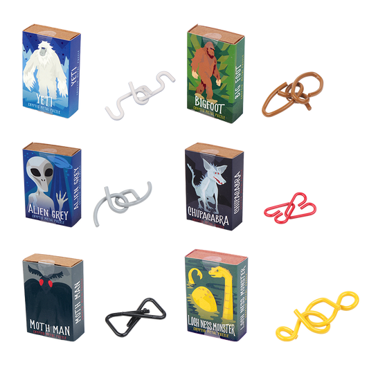 Cryptid Puzzlebox with metal brainteaser and a different cryptid illustration on each box.