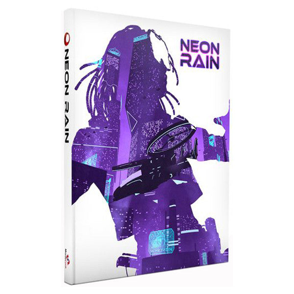 Cypher System: Neon Rain product with a purple cyberpunk silhouette of a person and cityscape.
