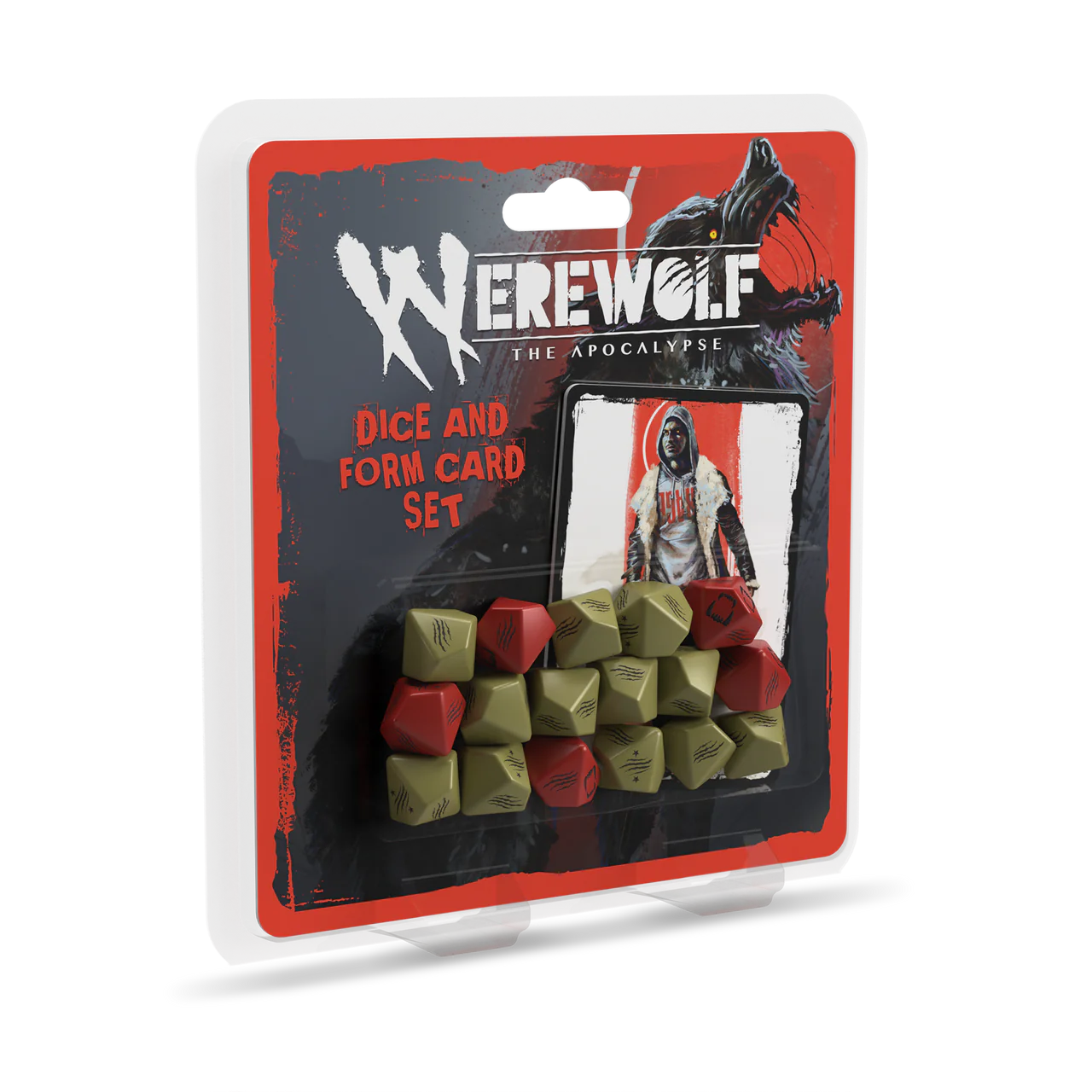 Werewolf The Apocalypse 5th Edition Dice and Form Card Set with custom d10 dice and form cards.