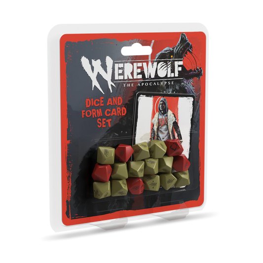 Werewolf The Apocalypse 5th Edition Dice and Form Card Set with custom d10 dice and form cards.