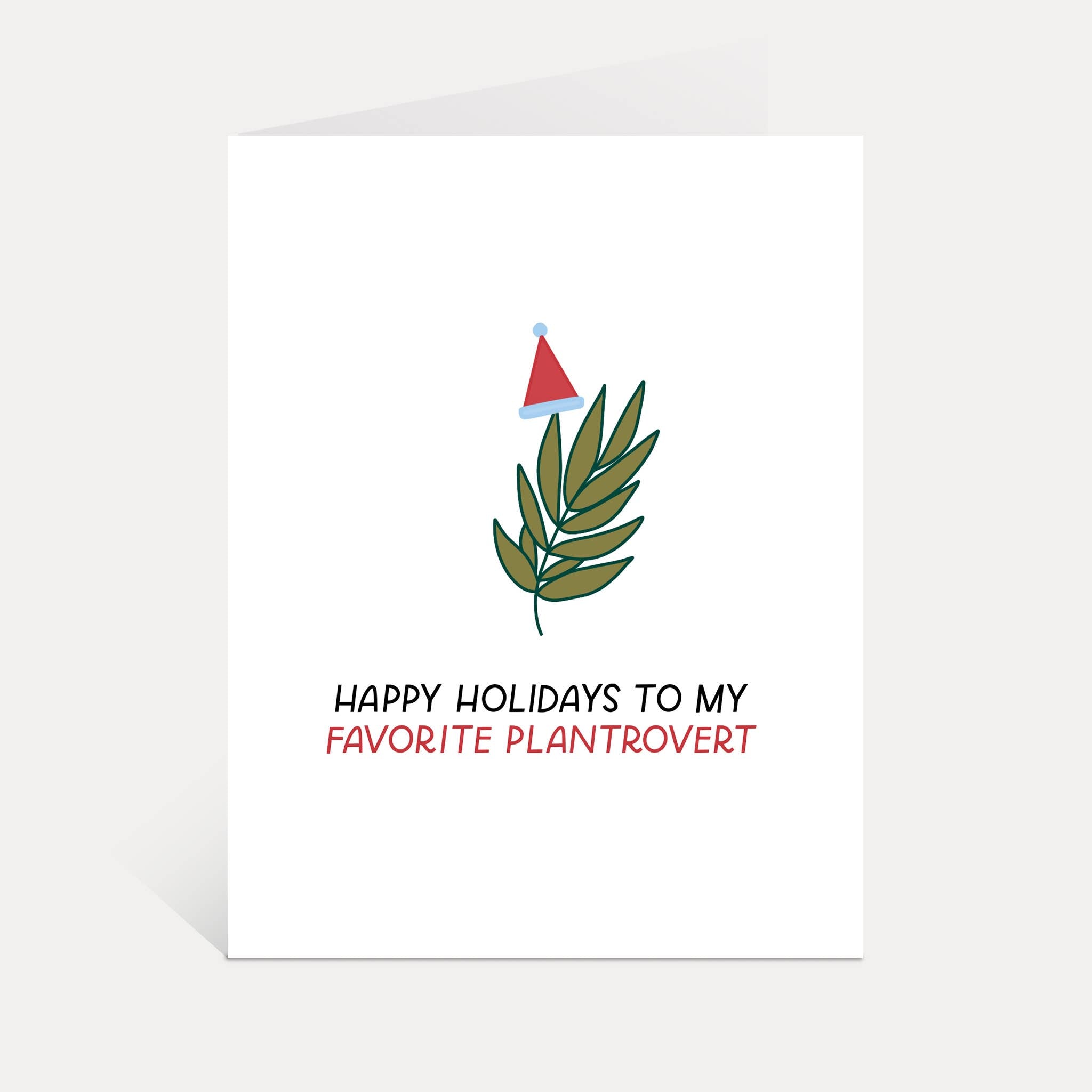 Happy Holidays Plantrovert greeting card featuring a plant leaf wearing a Santa hat.