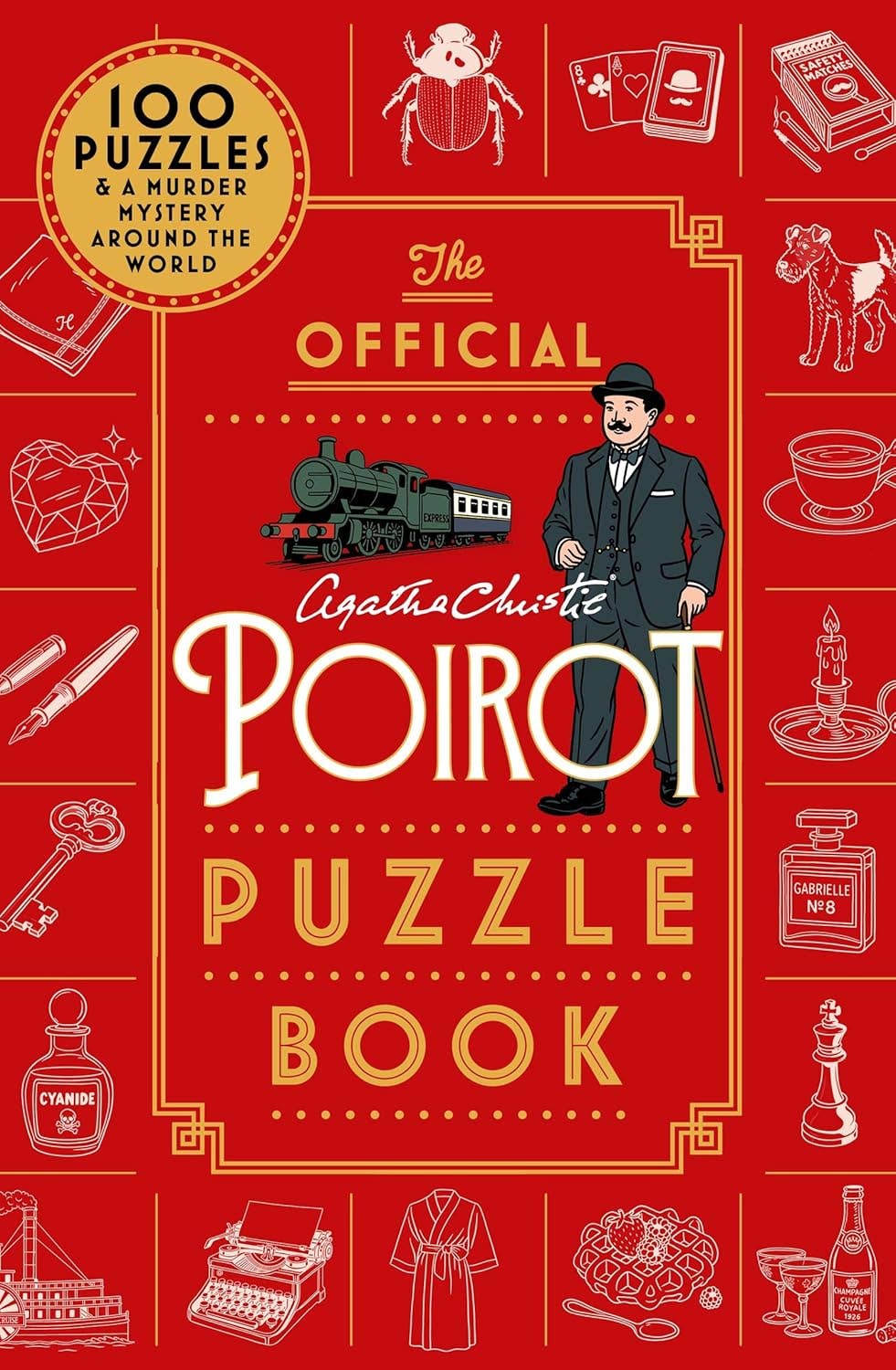 The Official Poirot Puzzle Book with red cover and train illustration.