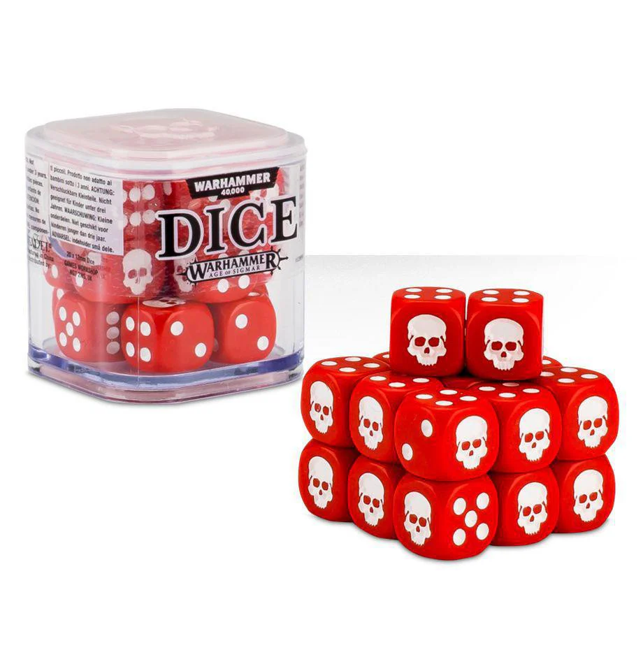 Red Warhammer 12mm dice set with white pips, stacked next to its clear plastic storage cube.