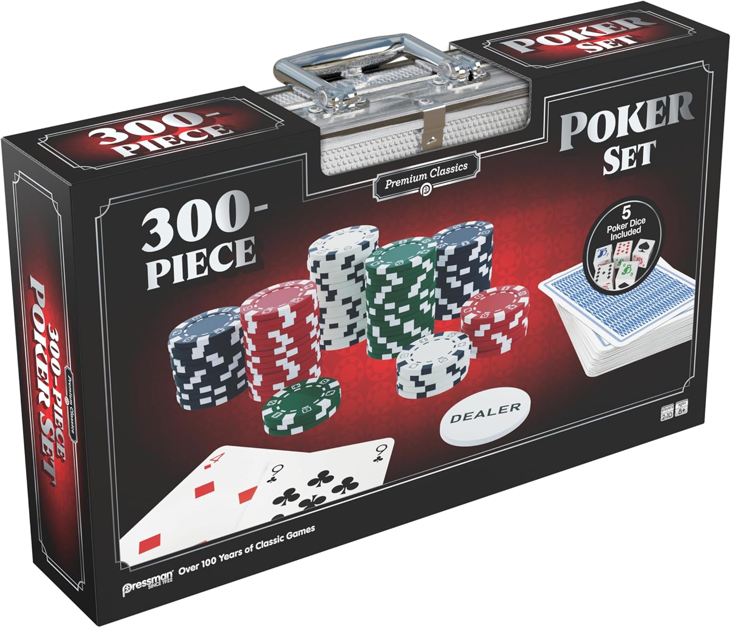 Pressman Premium Classics 300-Piece Poker Set with chips, cards, dealer button, and aluminum case in packaging.