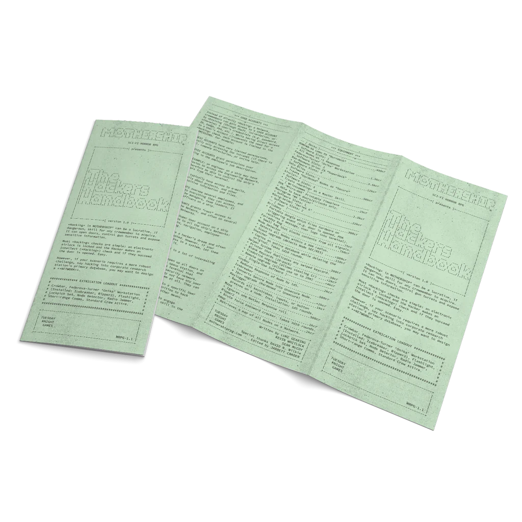 Three green The Hackers Handbook - A MOTHERSHIP Supplement pamphlets, open and folded.
