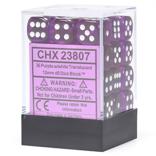 Translucent purple and white 36d6 12mm dice with white dots in a clear box; choking hazard warning visible.