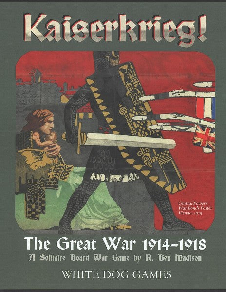 Kaiserkrieg solitaire First World War board game with cover art showing a knight, woman, and war planes.