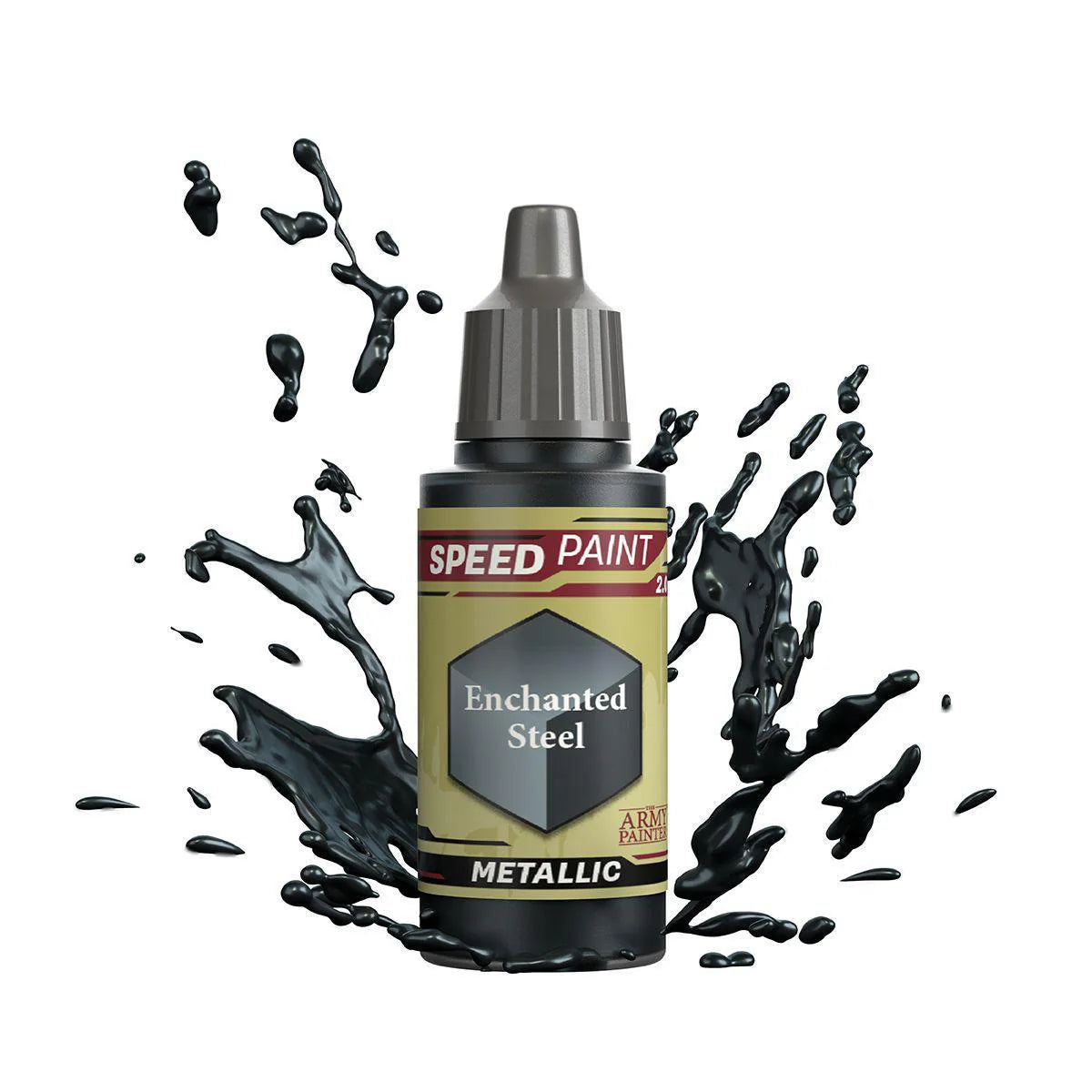 Army Painter Speedpaint bottle, Enchanted Steel variant, on white background with dark paint splashes.