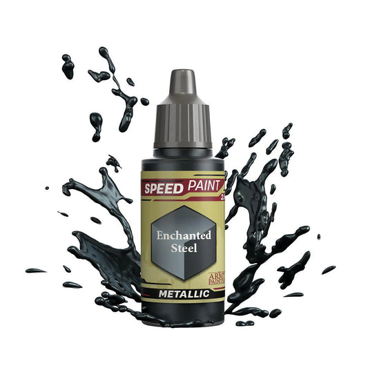 Army Painter Speedpaint bottle, Enchanted Steel variant, on white background with dark paint splashes.