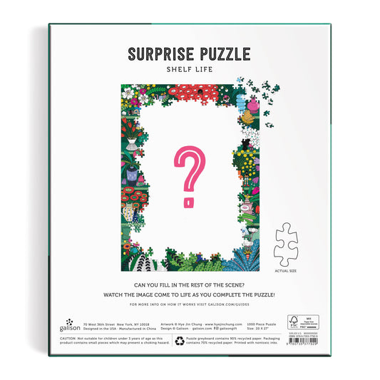 Back of Shelf Life 1000 Piece Surprise Puzzle box featuring a pink question mark on garden background.