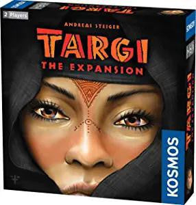 Targi: The Expansion board game box with a woman’s face and tribe cards in the background.