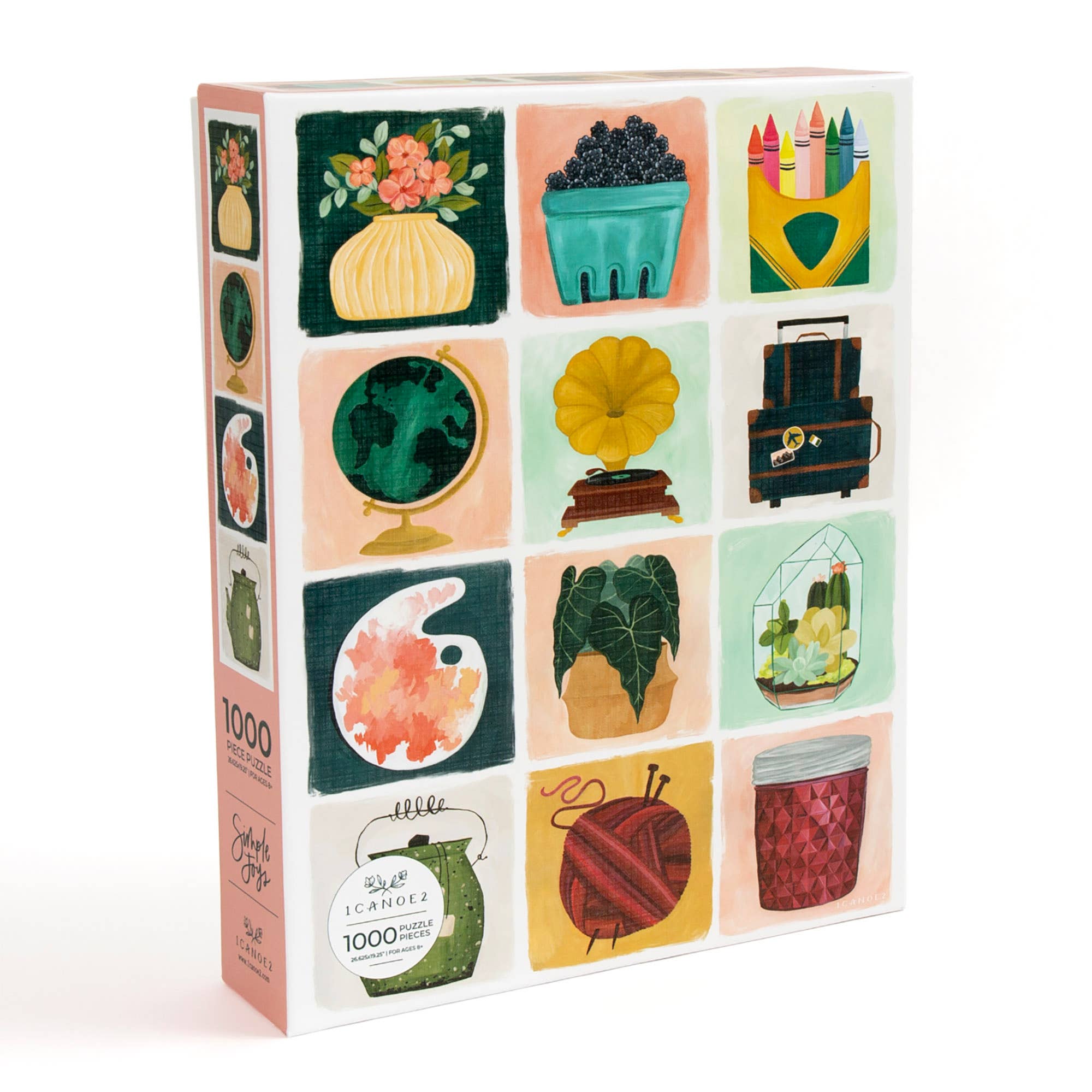 The Simple Joys Puzzle, 1,000 pieces, shows hand-painted vintage and everyday objects arranged in a grid pattern.