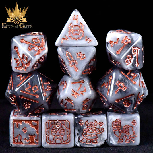 Dwarven Dynasty 11 Dice Set: black-and-white marbled dice with red symbols.