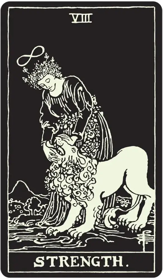 The Glow In The Dark Tarot Strength (VIII) card featuring a woman with a lion and an infinity symbol above her head.