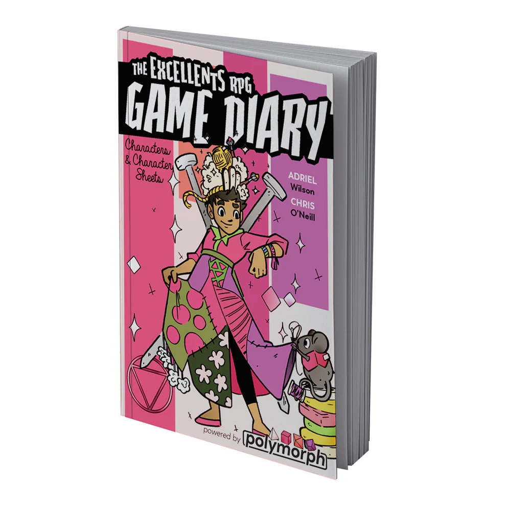 The Excellents RPG - GAME DIARY cover with cartoon princess, dice, pens, and character sheets.