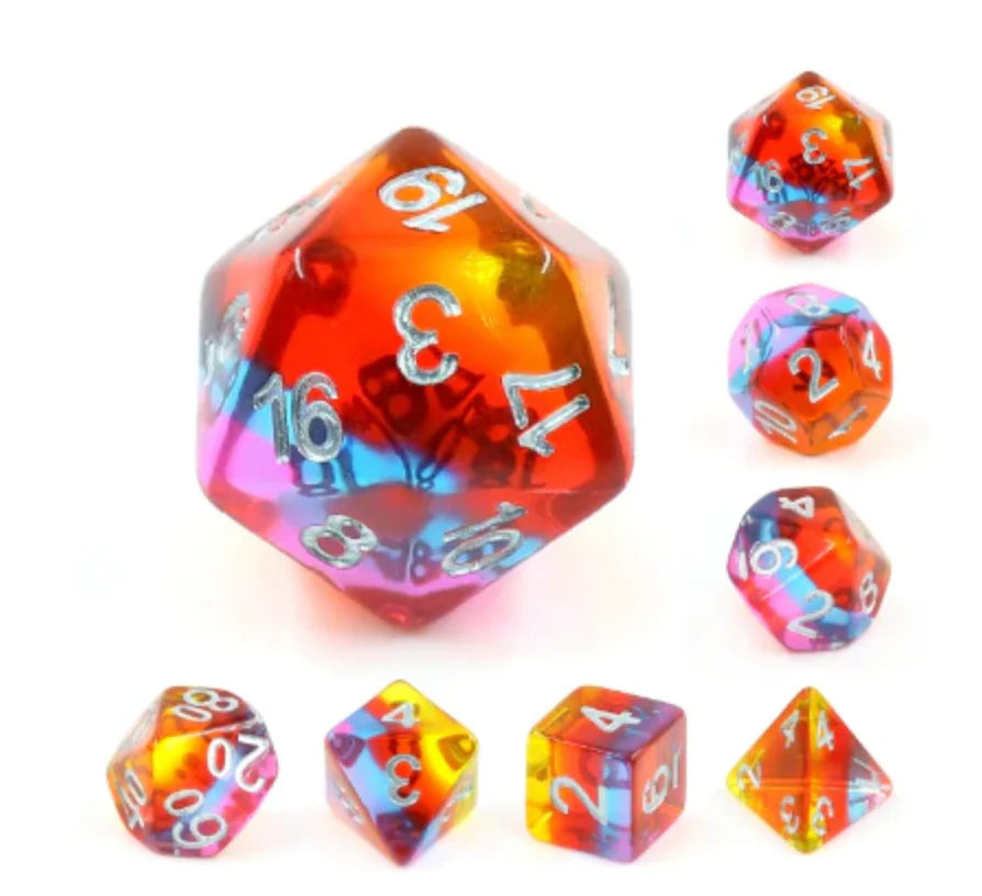 Golden Time RPG Dice Set with colorful translucent polyhedral dice and blue numbers.